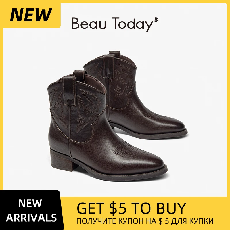 

Женские ботинки BEAUTODAY в западном стиле из телячьей кожи с заостренным носком, вышитые, на среднем каблуке, ручной работы, 06166