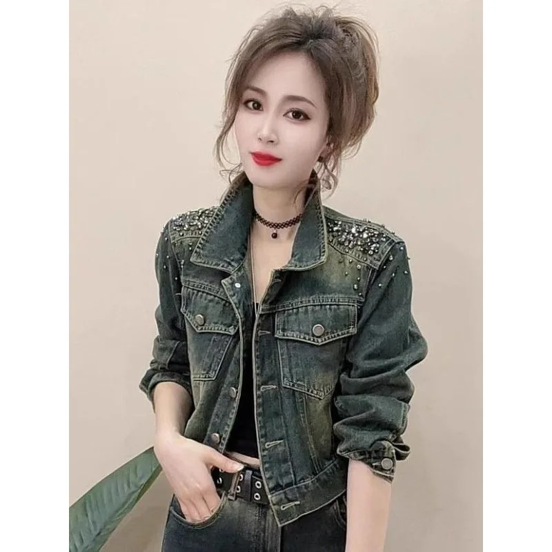 

Blouse Jacket Denim Women's Spring/Autumn Beaded Petite Retro Cropped New Comfortable Minimalist Casual Luxurious Distinctive