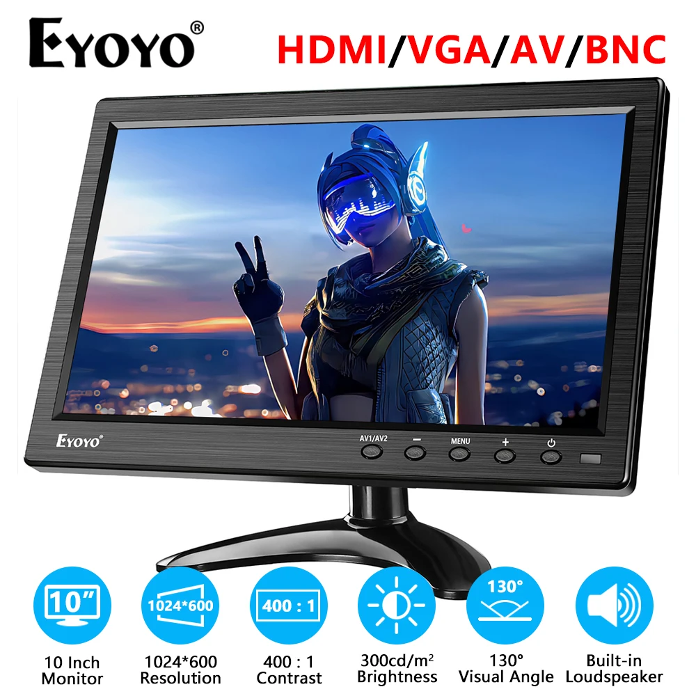 Eyoyo EM10M 10 Inch Monitor With Speaker 1024x600 Display HD TFT Screen Support AV VGA BNC HDMI Video Input for CCTV DVD PC DVR