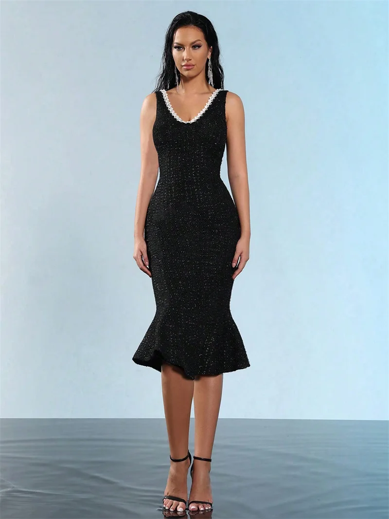 Black Sexy V-Neck Prom Dress Sleeveless Pearl Beaded Tweed Sequin Midi Bodycon Mermaid Party Gown Elegant Formal Evening Robe