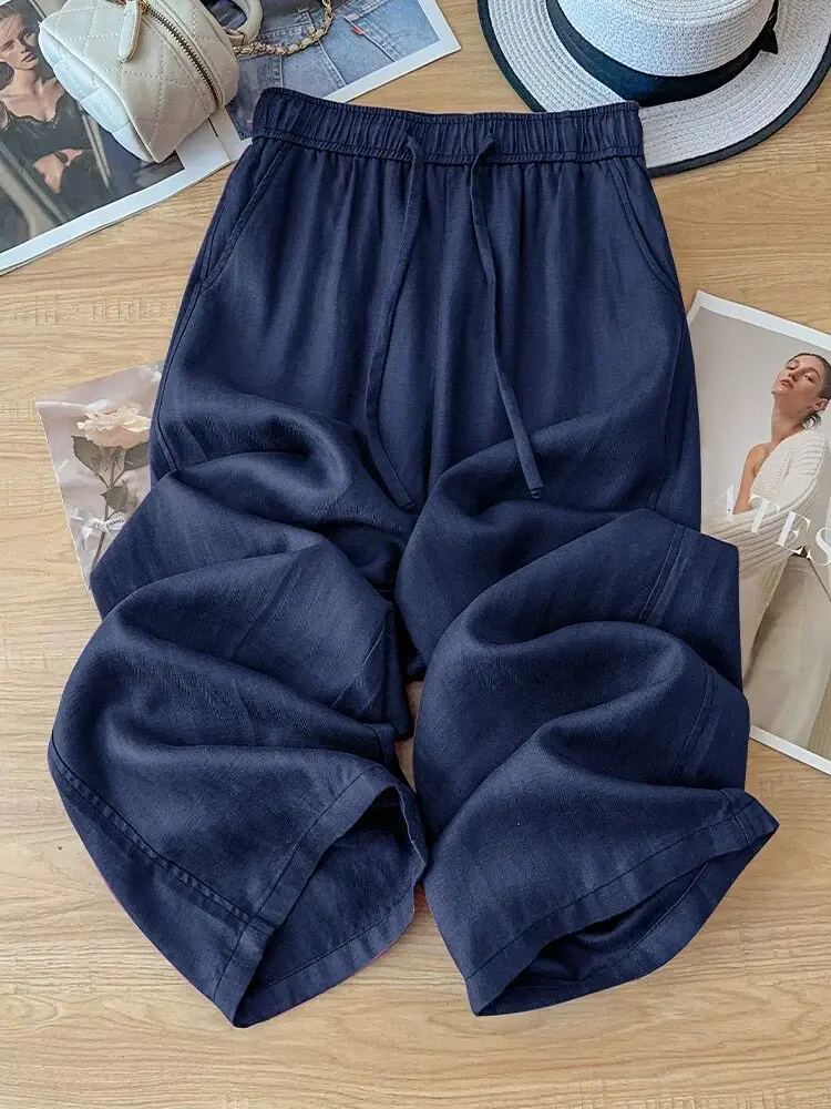 Quick Dry Wide Leg Pants Women's Summer Thin Loose High Waist Drapey Cotton Linen Nine Point Straight Tube Pants Casual