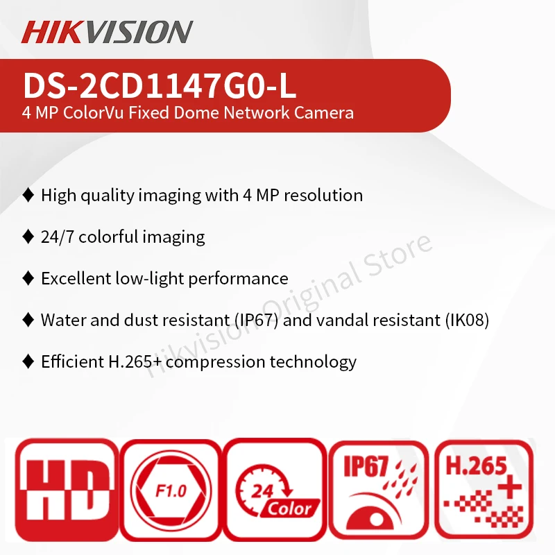 Hikvision 4MP Full Color Dome Network IP Camera ColorVu DS-2CD1147G0-L IP67 Outdoor 2K Security CCTV F1.0 Aperture IR 30m H.265+