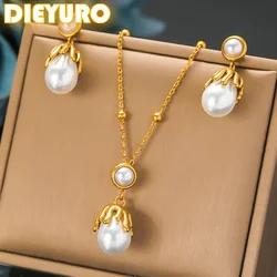 DIEYURO 316L Stainless Steel Round Retro Irregular Pearl Pendant Necklace Earrings Set For Womens Girl New Non-fading Jewelry