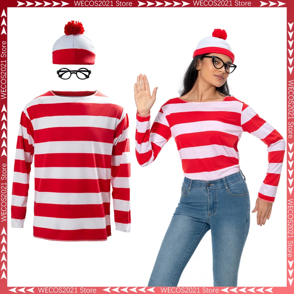 

Waldo Cosplay Where Fantasy Stripe Shirt Hat Glasses Adult Women Men Disguise Costume Red Strip Streetwear Halloween Outfits