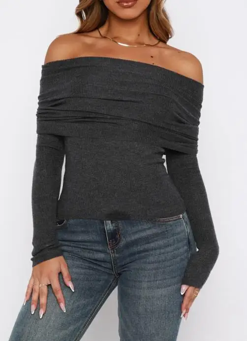 

Y2K Spicy Girl Style Solid Color Long Sleeved Off Shoulder Vest T-Shirt for Women, Autumn/winter 2025