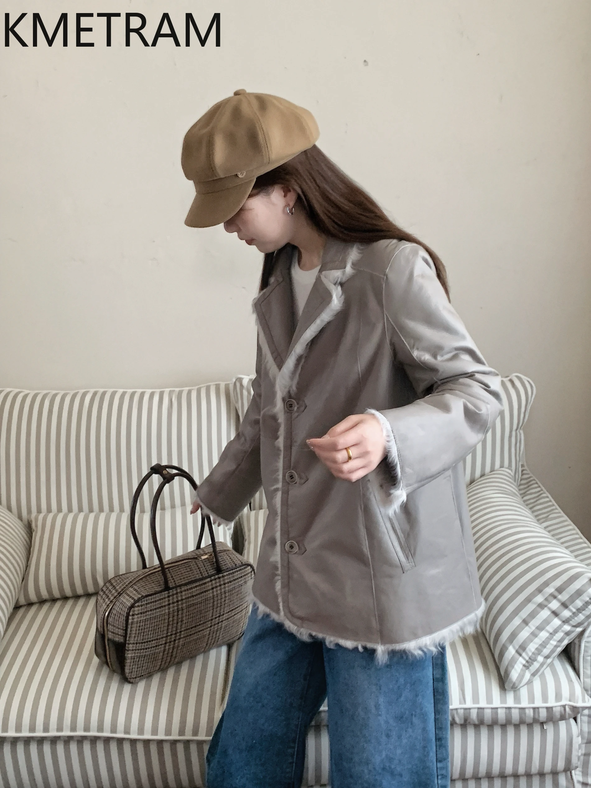 KMETRAM Natural Wool Sheepskin Double Faced Fur Coat Woman High Quality Reversible Real Fur Suit Jacket 2025 Winter Clothes шуба