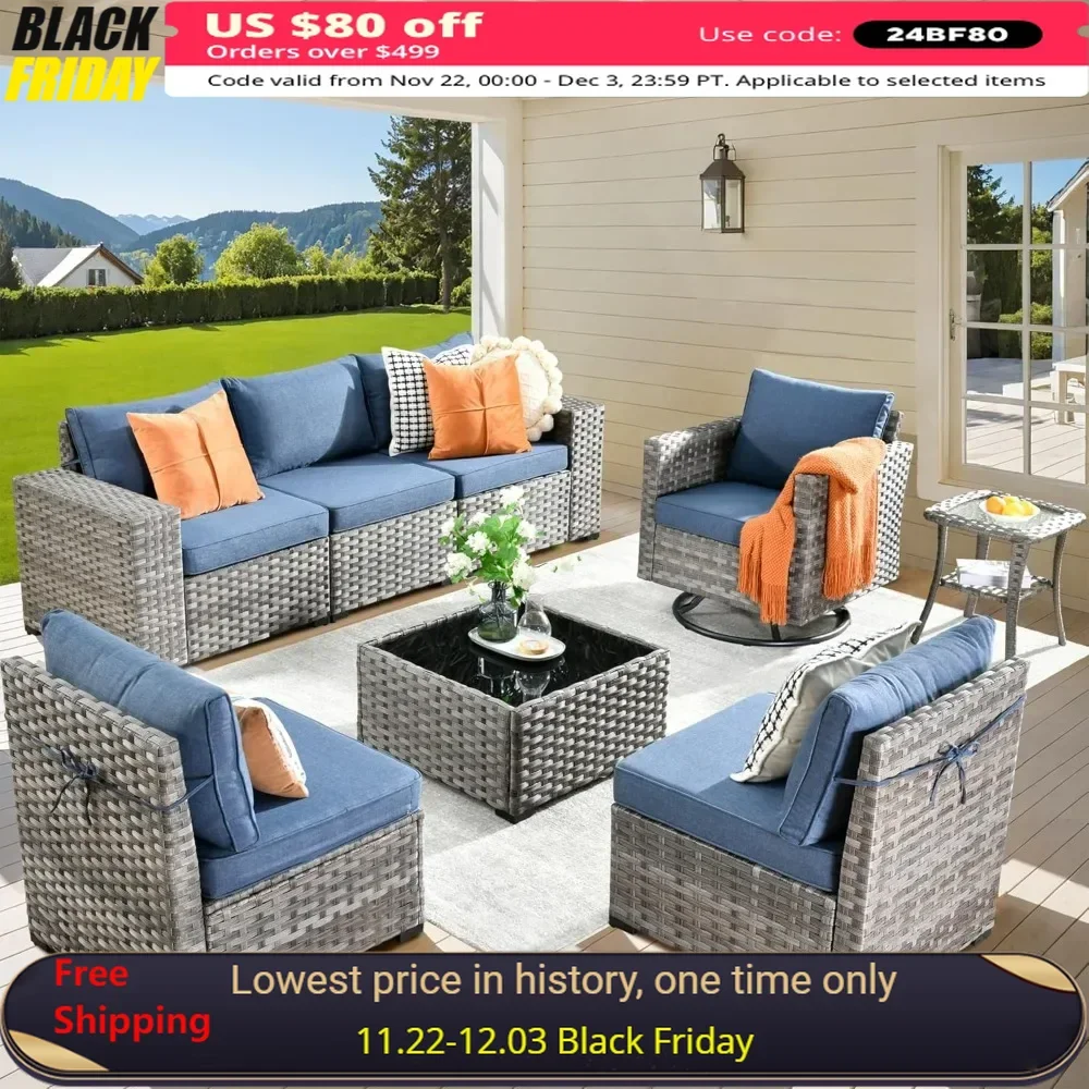 Patio Furniture Set 8 Pieces, Sofa with Swivel Rocking Chairs, Wide Arms and Deep Seat, Wicker Rattan Outdoor Sectional Sofa