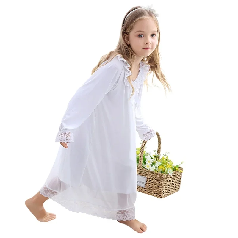 Girls Nightgown Kids French Court Tulle Pajamas Children's Sleepwear White Nightdress 2024 Spring Autumn Cotton Lace Nightwear