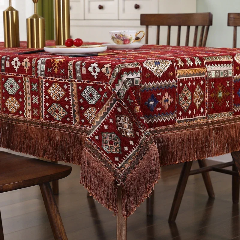 American Style Chenille Tablecloth Retro Ethnic Minority Style Embroidery Rectangular Table Clothes Geometry Classical Deskcover