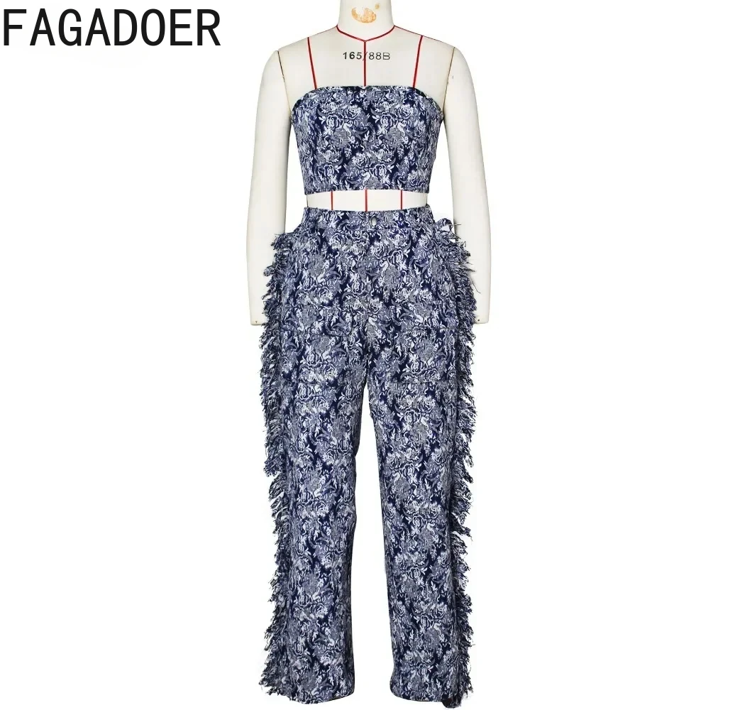 FAGADOER Vintage Printing Sexy Tassels Straight Pants Two Piece Sets For Women Lace Up Tube+Trousers Outfits Fashion Streetwear