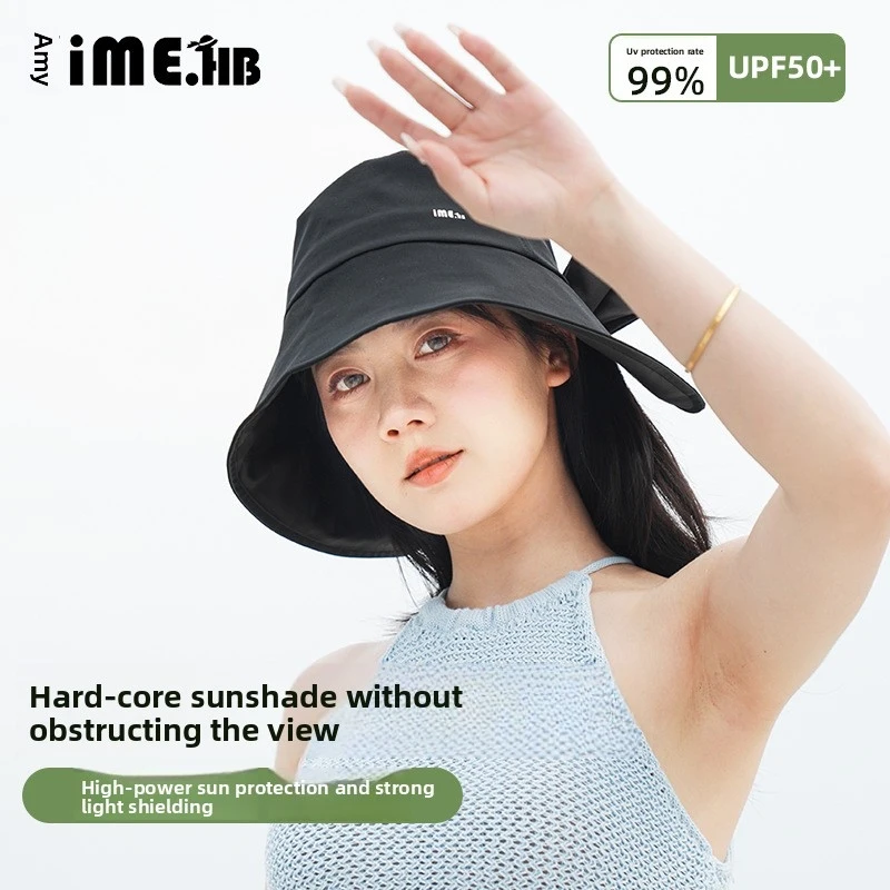 imenew-大きなつばの黒いリボン付きサンハット、つばの広いフィッシャーマンハット、夏用紫外線対策帽子