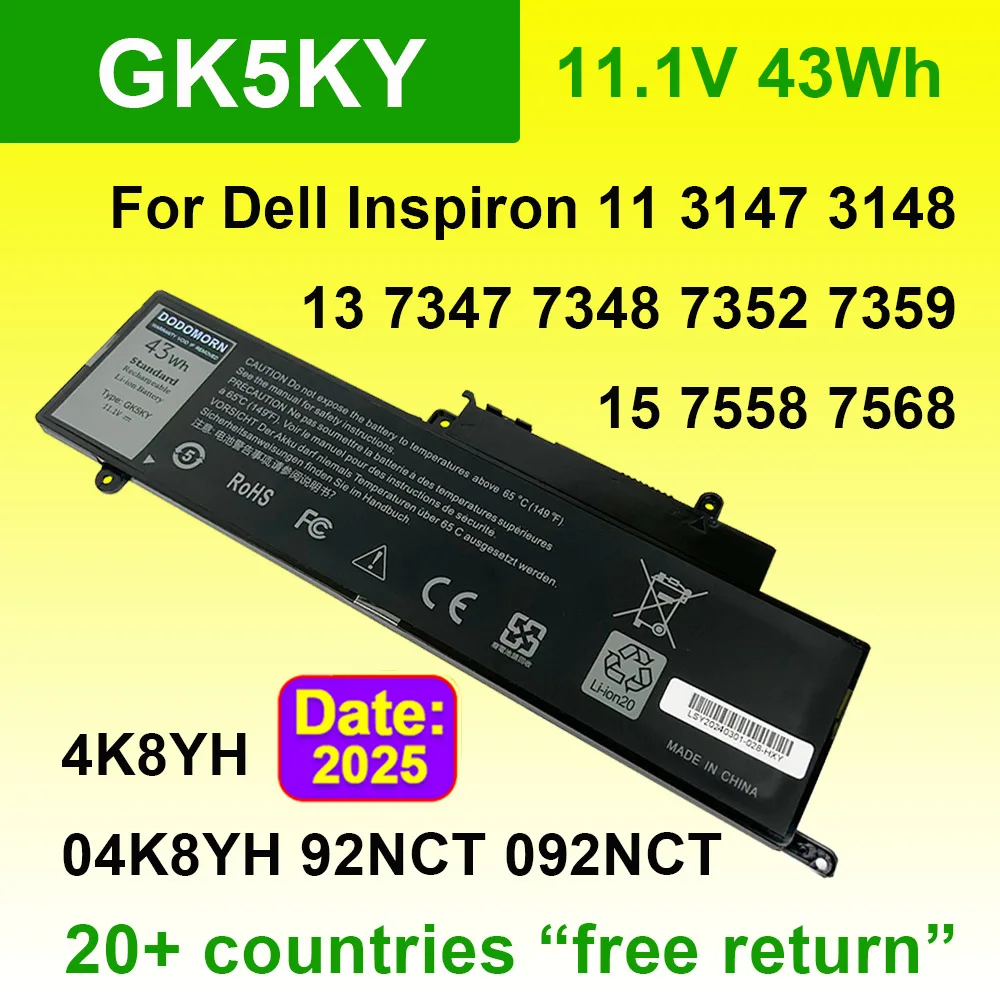 

GK5KY For Dell Inspiron 13 7000 7347 7348 7352 7359,11 3147 3148 3152 3157,15 7558 7568 Series Laptop Battery 11.1V 43Wh