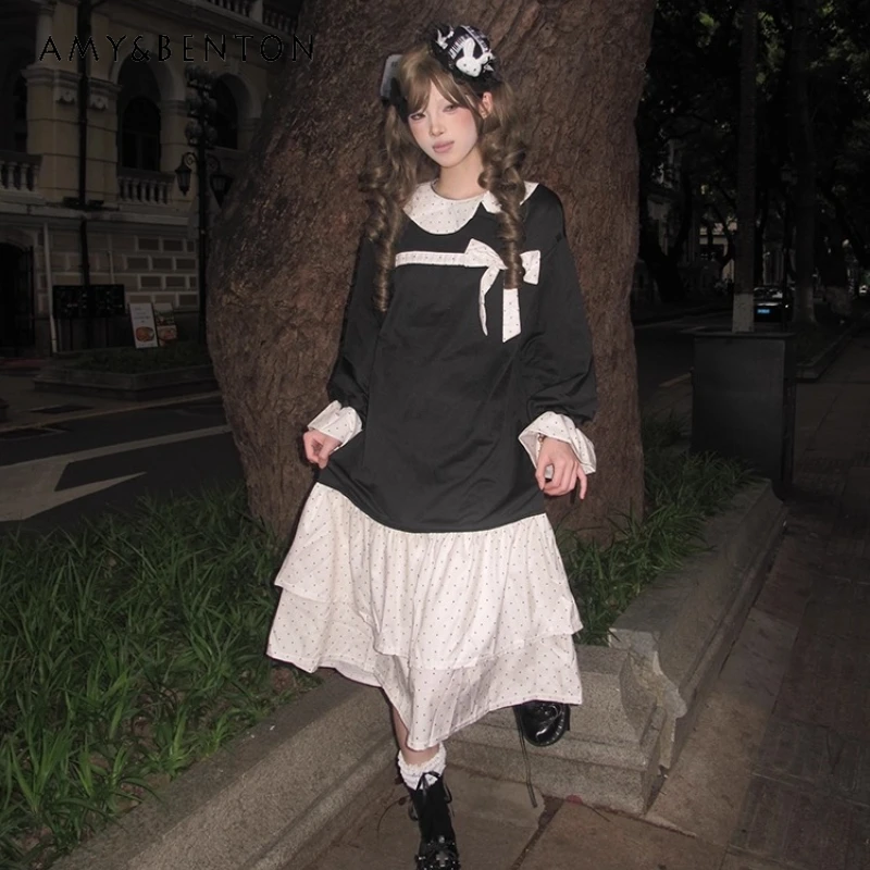 

2025 Autumn New Black White Splicing Polka Dot Women's Long Dress Original Design Retro Subculture Loose Slimming Dresses Ladies