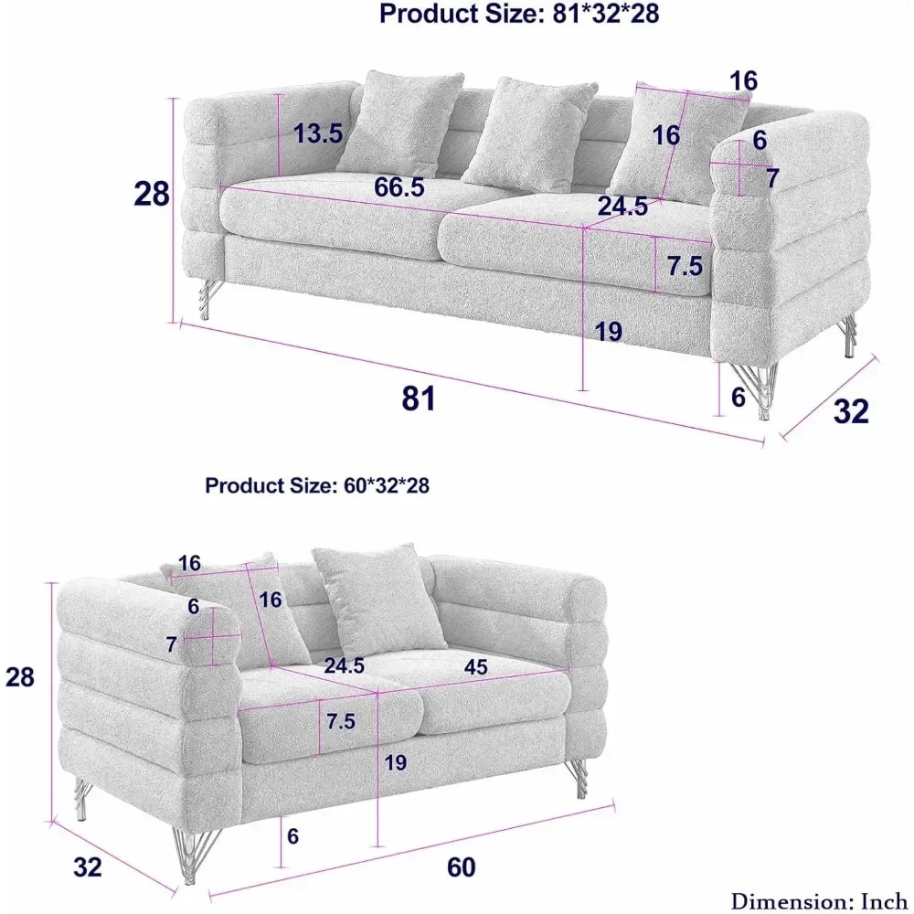 2 Piece Living Room Sofa Set, Comfy Boucle Couch with Loveseat and 3 Seater, Upholstered Sofa Couch with 2 Pillows and Deep