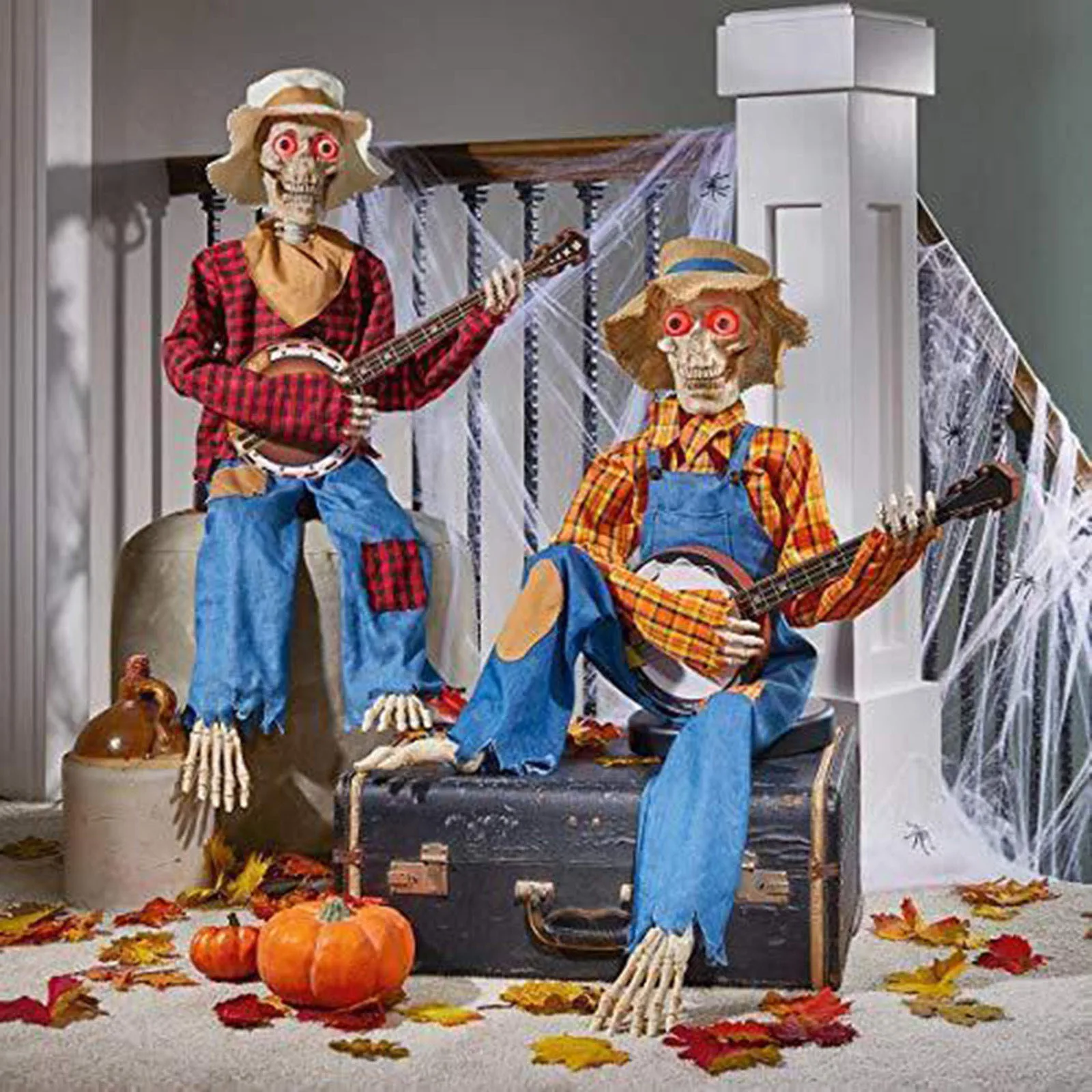 Animated Motion Sound Activated Musical Multi Lingual Banjo Skeletons Duo Halloween Fall Indoor Glowing Skeleton Skeleton Decor