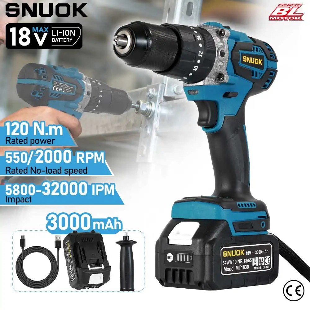 Bürstenlos 120N. m Akku-Schlagbohrmaschine/Bohrhammer/Schraubendreher 3-in-1, elektrischer Schraubendreher mit Dualfunktion, Typ-C-Ladefunktion, 3,0 Ah, geeignet für Makita 18-V-Lithium-Akku, 550/2000