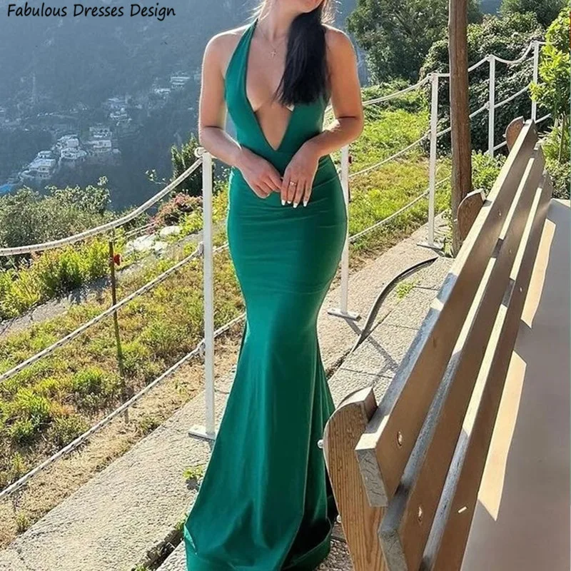 

Sexy Deep V-neck Backless Prom Dresses 2024 Green Long Mermaid Halter Simple Evening Dress For Women Wedding Party Gown