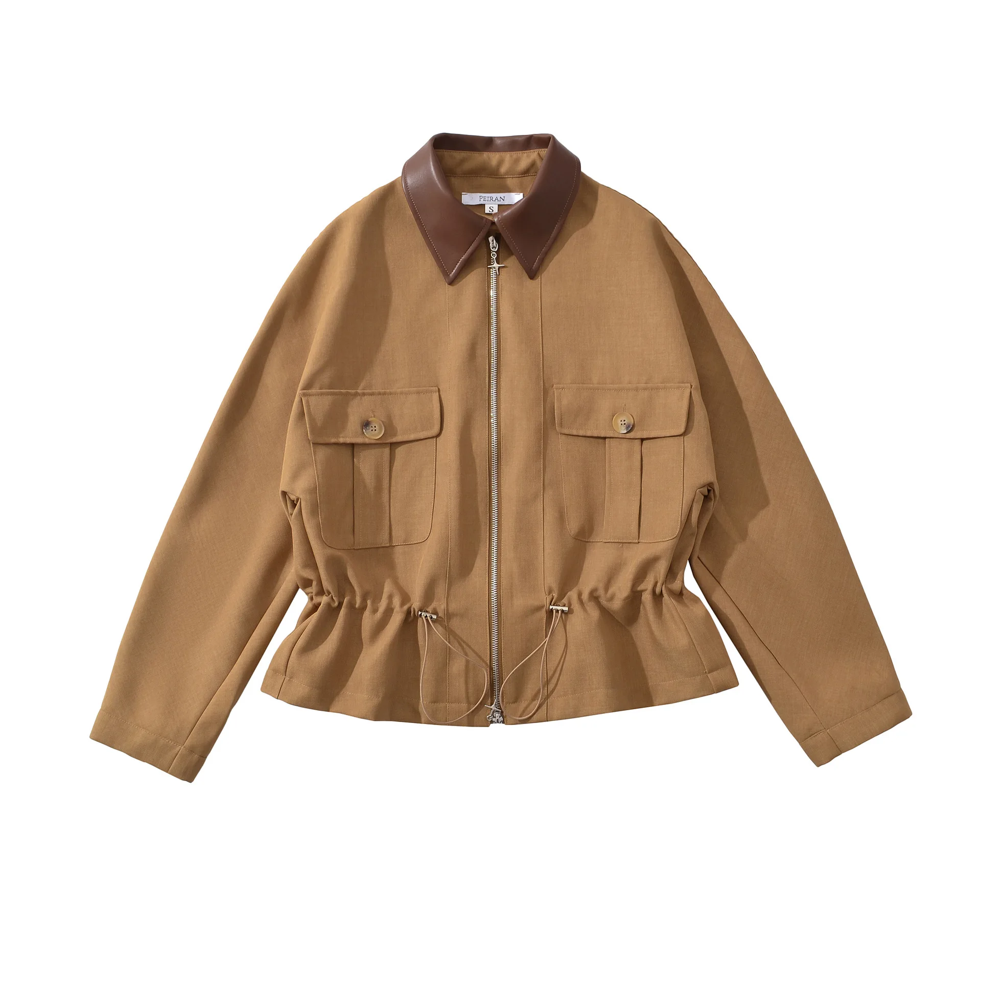 Set corto autunnale in due pezzi Colletto con risvolto Giacca da safari in vita con coulisse + Mini pantaloncini a gamba larga in vita elastica Cappotto ampio streetwear