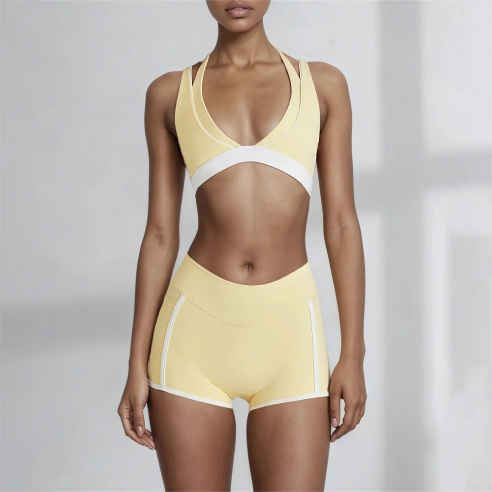 Yoga Shorts Sets Fake Two-Piece Sports Bras V-Neck Hanging Neck Fitness Contrast Color Workout Running Gym Woman Clothing
