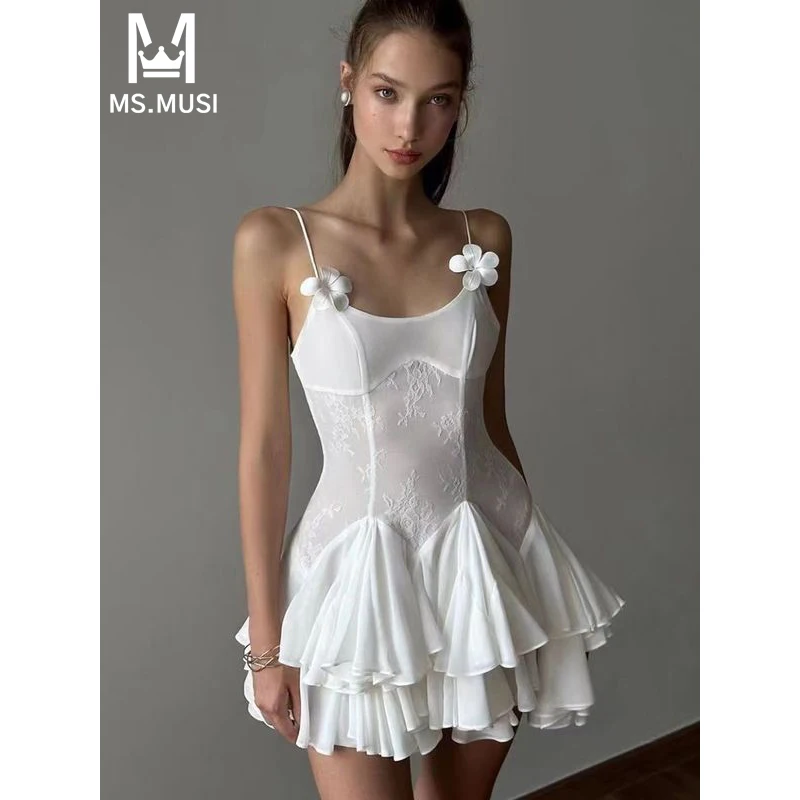 

MSMUSI 2024 New Fashion Women Sexy Strap Floral Lace Mesh Falbala Ruffles Hollow Out Sleeveless Bodycon Party Club Mini Dress