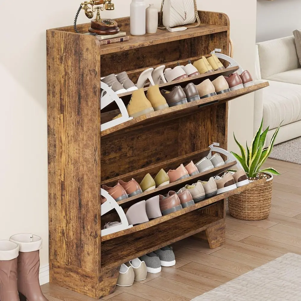 

Narrow Rustic Brown Shoe Cabinet with Hooks for Entryway Storage