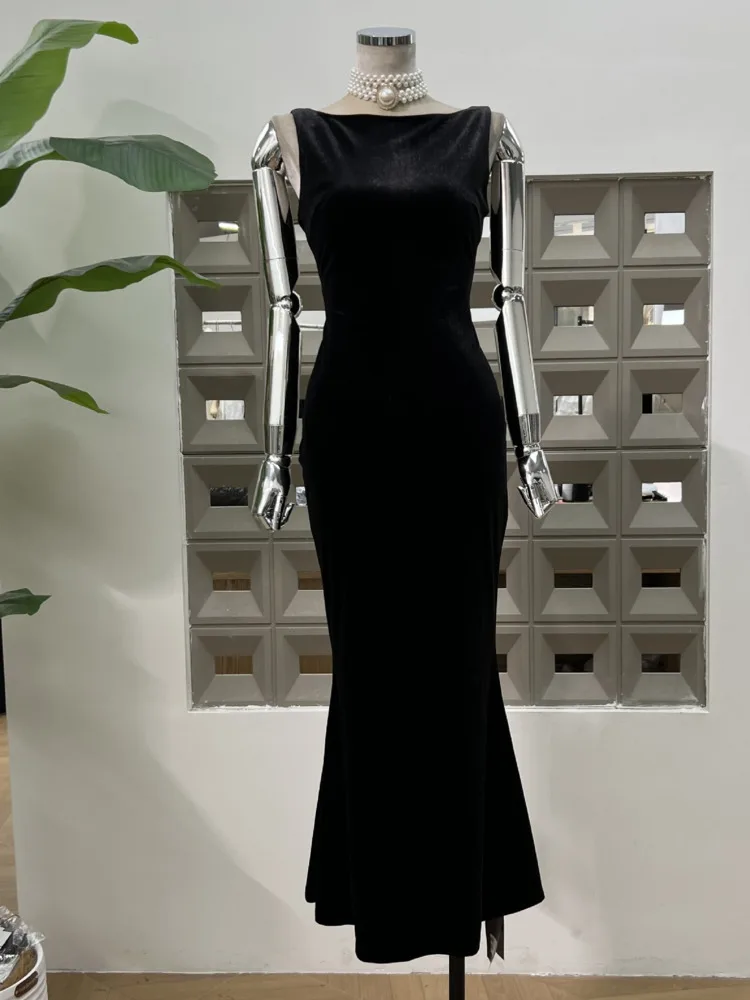 DFDG 2025, Frühling, Sommer, Damen, Vintage, eleganter Druck, Rundhalsausschnitt, ärmelloses Kleid, figurbetontes Meerjungfrau-Abendkleid