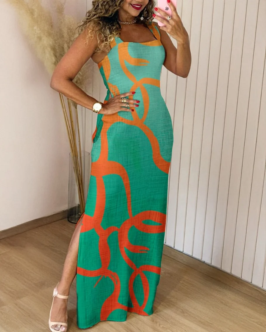 

2025 Summer Geometric Print Thick Strap Dress Casual Slim Fit Slit Maxi Dress with Pockets