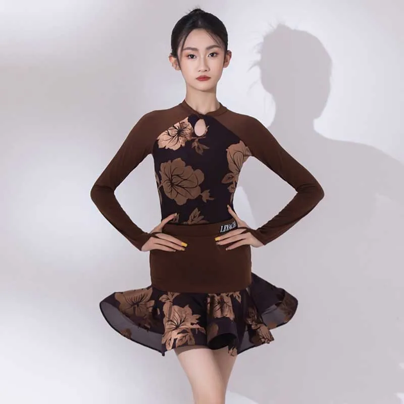 

Brown Latin Dance Costume Long Sleeve Girls Competition Dance Clothing Cha Cha Performance Suit Kids Latin Practice Skirt AMY852