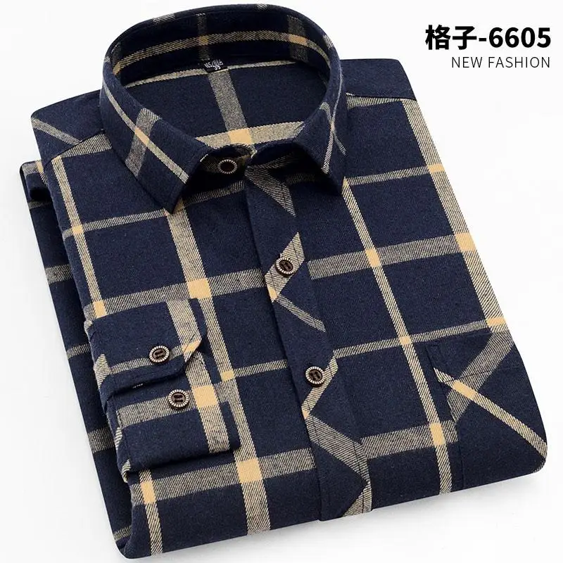 100% Cotton Flannel Men\'s Plaid Shirt Slim Fit Spring Autumn Male Brand Casual Long Sleeved Shirts Soft Comfortable 4XL