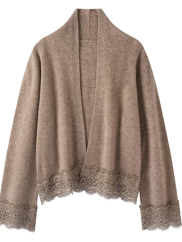  Lace Edged 100% Wool Knitted Shoulder Wrap Outerwear Cardigan Women's Autumn Winter Sweater Coat Top Casual Wear