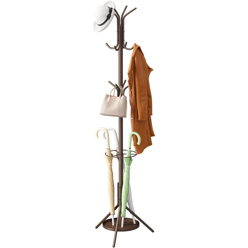 Coat Rack Freestanding,Entryway Hanger Stand,Umbrella Holder,Hall Tree With 12 Hooks, Floor Standing Metal Tree Stand,brown