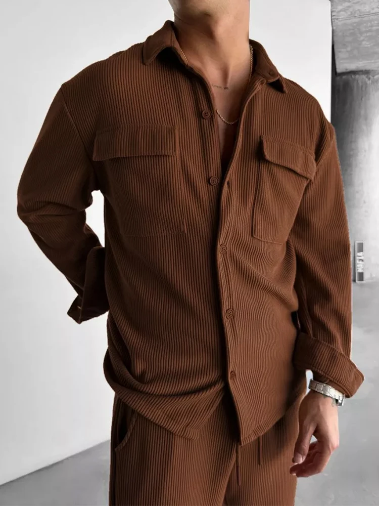 2025 Spring Casual Mens Two Piece Suits Streetwear Men Vintage Solid Color Lapel Corduroy Jacket And Pants Outfits Mens Clothing