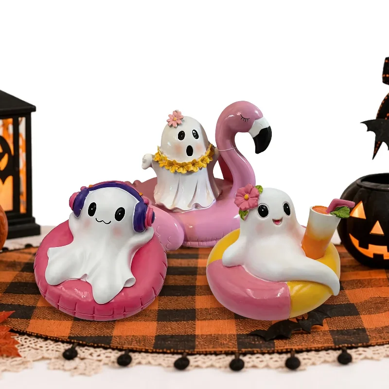 6.5 Inch Summer Halloween Ghost Decor Set Waterproof Cute Tropical Beach Resin Statues Mini Spooky Tiered Tray Decor
