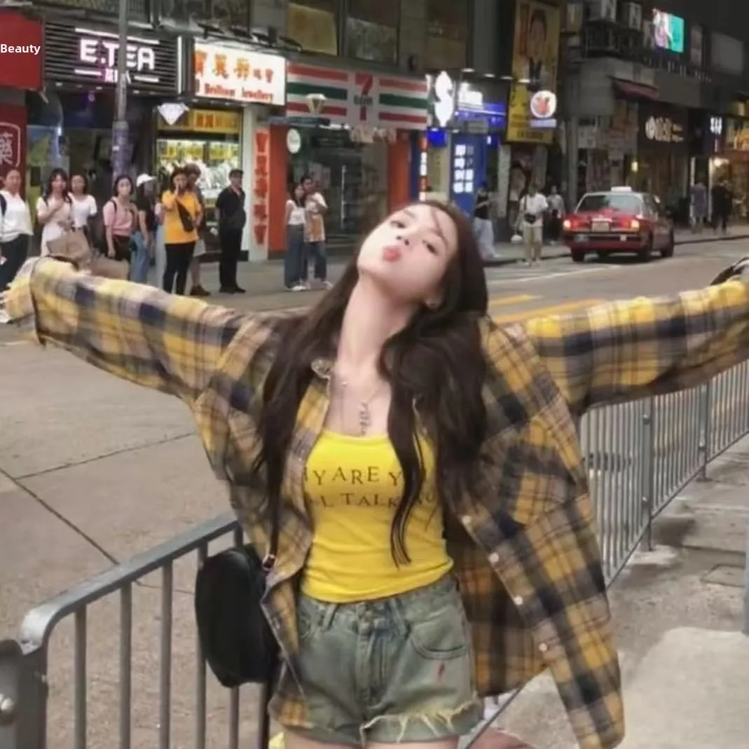 Chic giallo scozzese vestibilità ampia da donna sottile coreano Sle Pendolarismo Faion Capispalla Protezione solare Colletto lungo Sve