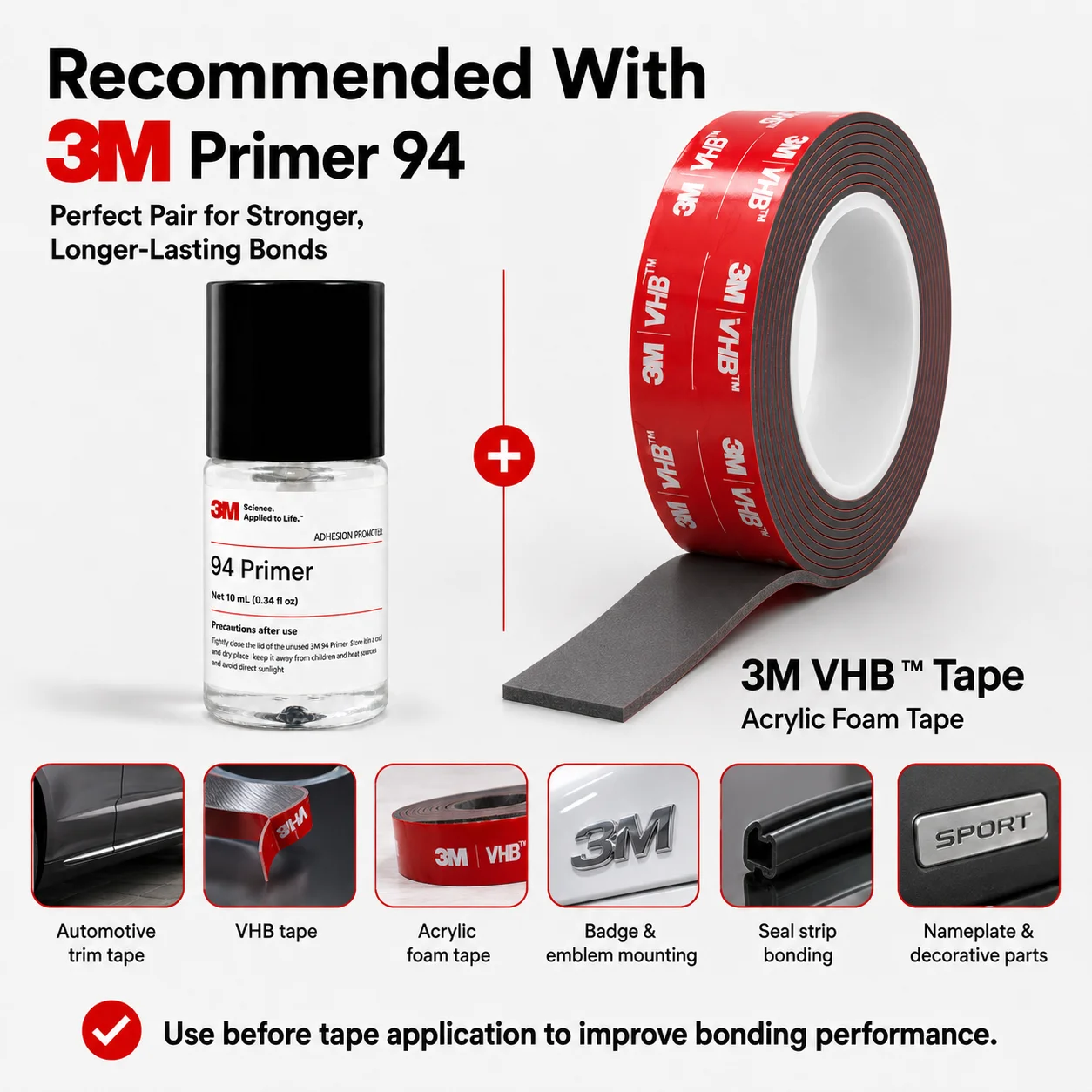 Original 3M Primer 94 Adhesion Promoter 10ml Repack High Adhesion Surface Treatment for Car Wrap Tape Plastic Metal