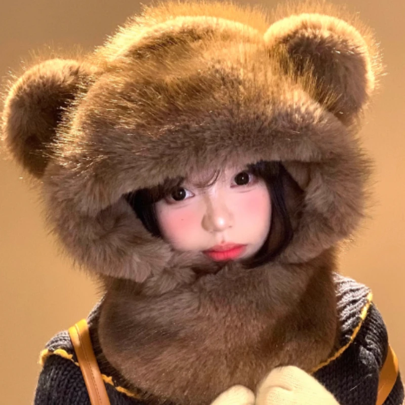 Niche Cute Bear Ear Plush Snood Integrated Neck Guard Lei Feng Hat Winter Outdoor Warm Ear Protection Bomber Hats for Women's