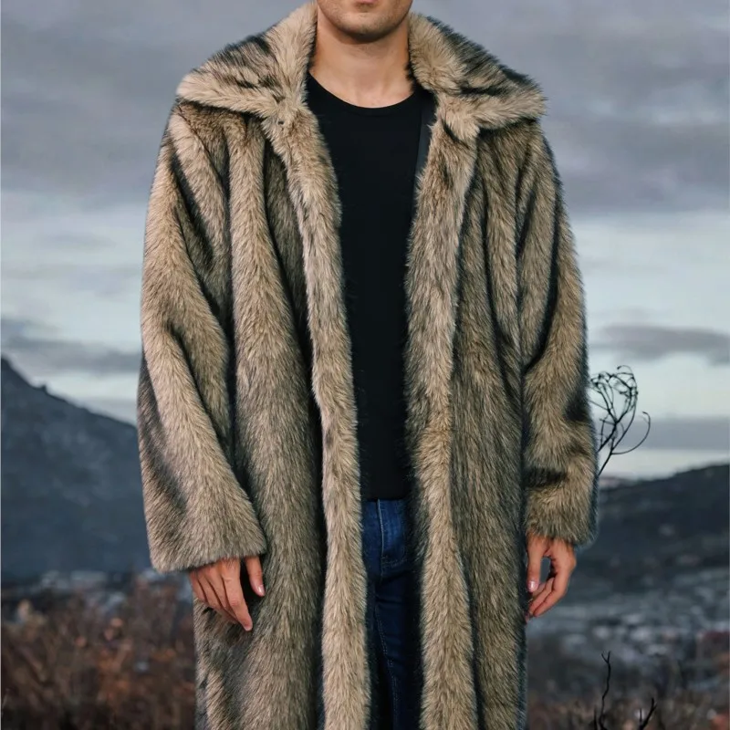 

2025 Fall Winter Fur Fluffy Long Coats Jacket Outerwear Retro Mens Faux Fox Fur Tops Thicken Keep Warm Jackets Lengthen Coats