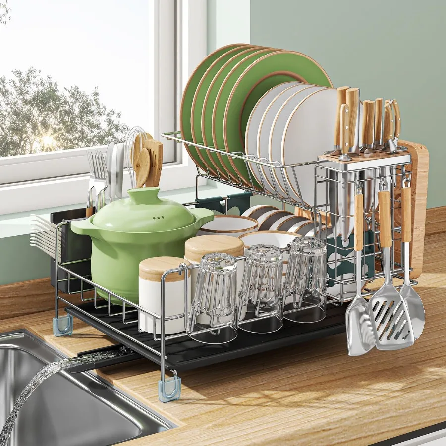 

Dish Drying Rack Large Capacity Stainless Steel Dish Rack for Kitchen Counter 2Tier Detachable Kitchen Organizers and Storage R