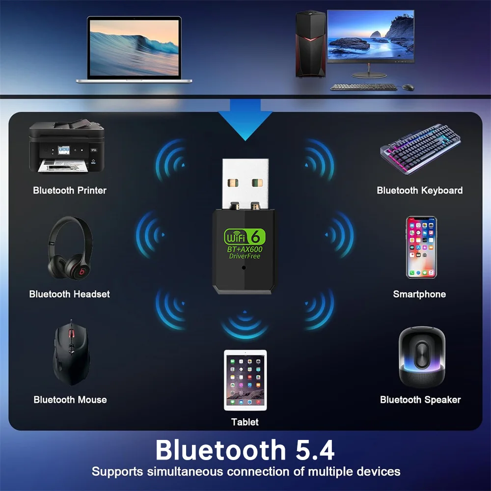 Adaptador wi-fi usb 6 ax600 bt5.4, banda dupla 2.4g/5ghz 802.11ax, antena embutida, placa de rede sem fio, driver grátis para win10/11