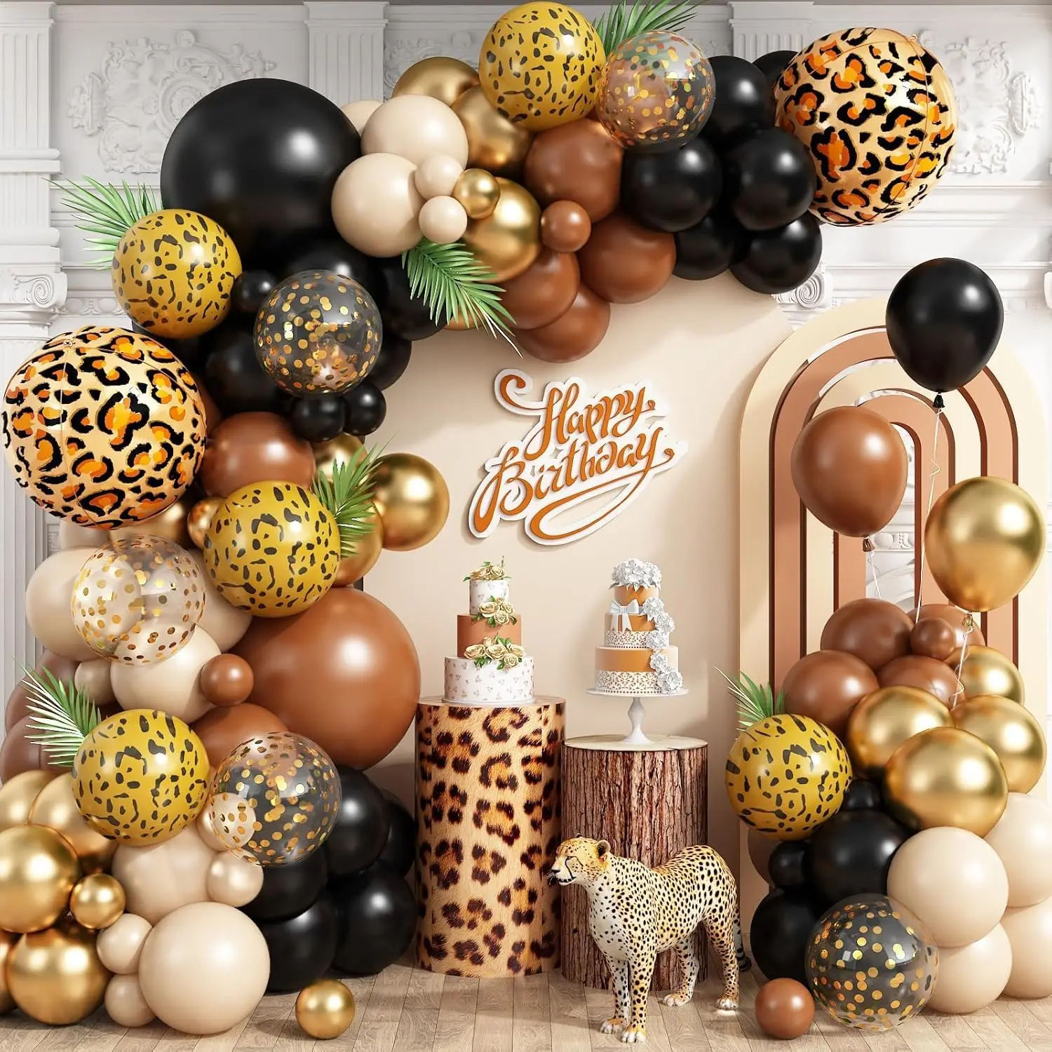 Kit d'arche de ballons guépard or, noir, marron, ballons léopard pour décorations de fête safari, jungle, anniversaire, baby shower