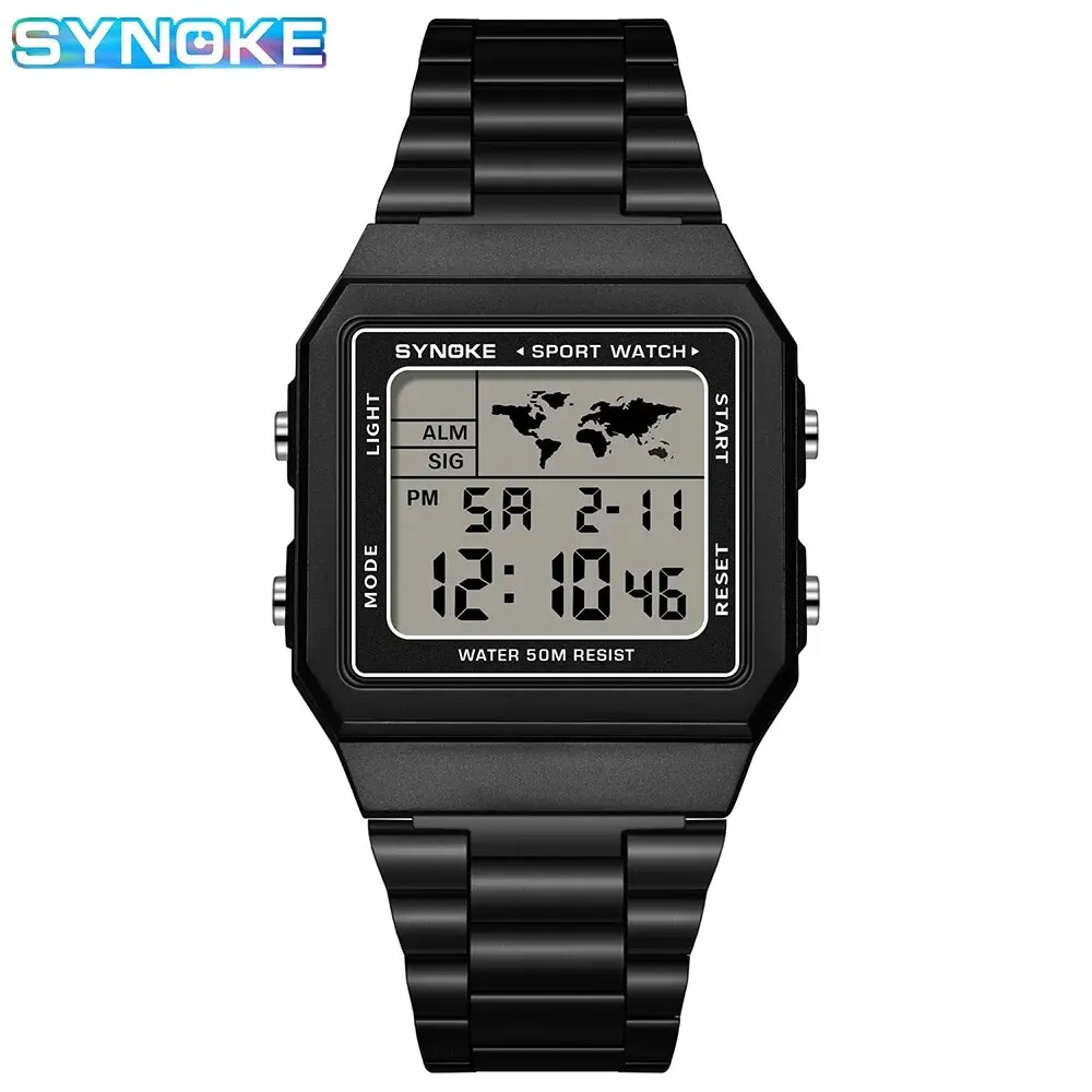 SYNOKE Top Brand Luxury Stainless Steel Chrono Sport Watches Men Back Light Display Digital Wristwatch 5Bar Waterproof Reloj Hom