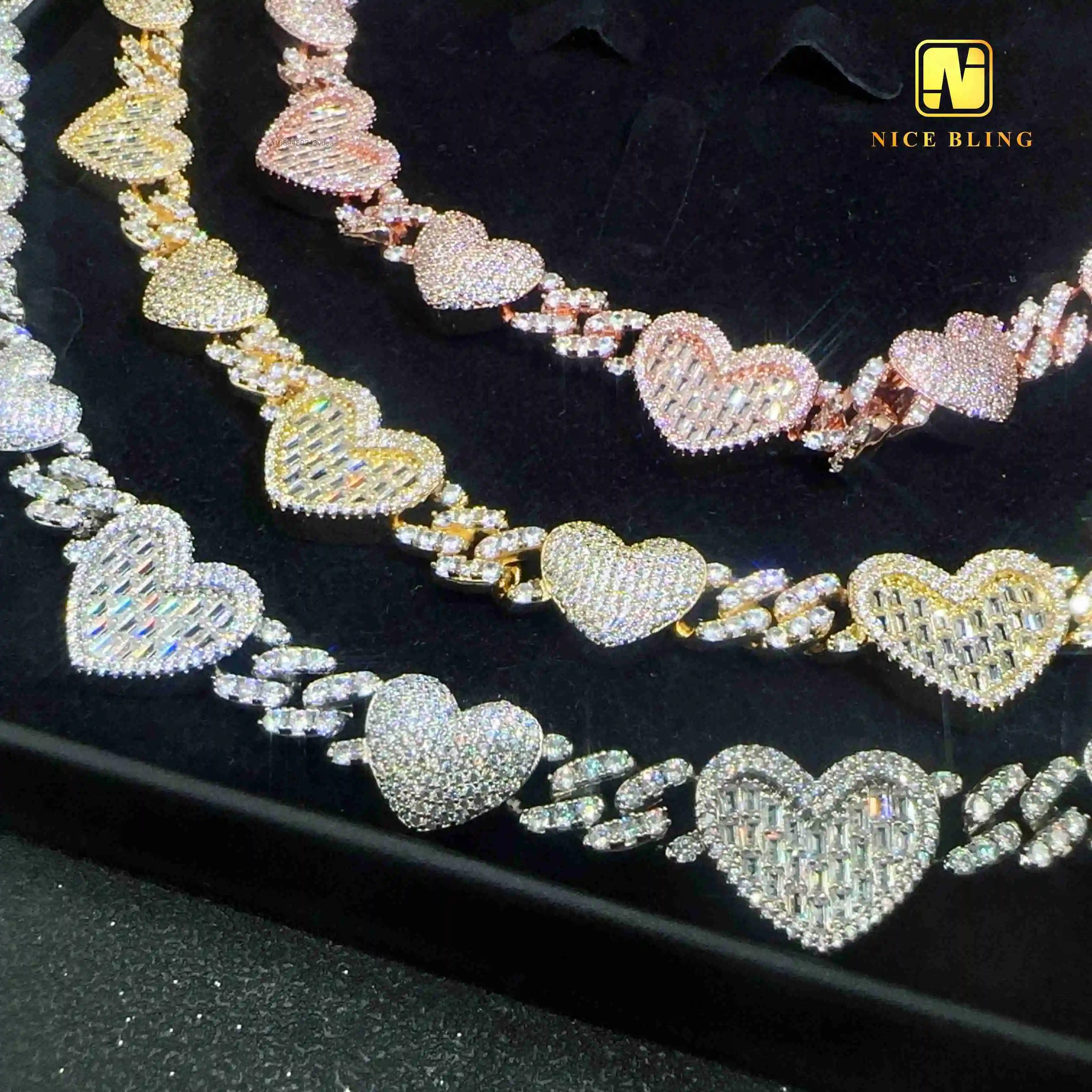 Hop Hip Jewelry Necklace Baguette Cut Moissanite Diamond Cuban Link Chain 18k Gold Plated Heart Shape Brass Cuban Necklace Brace