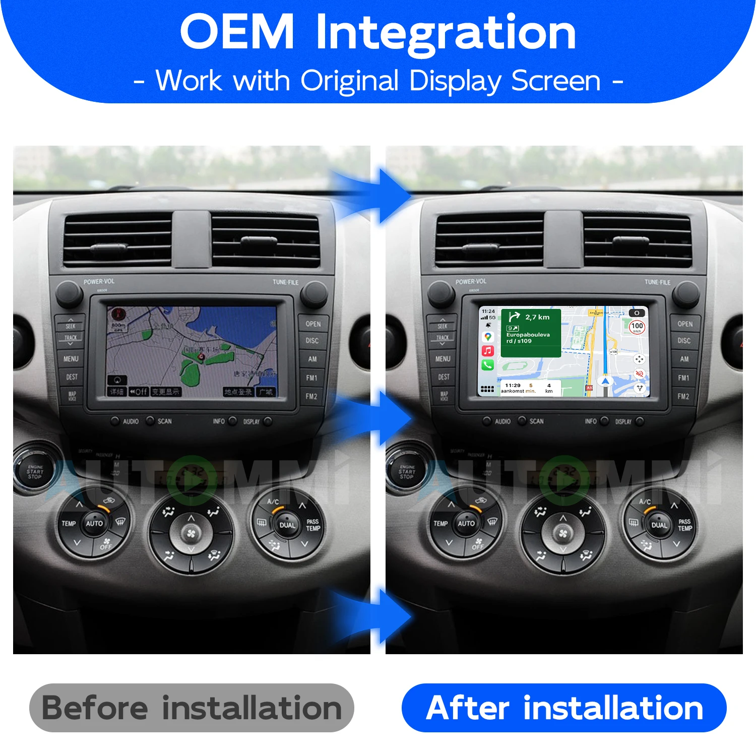 Wireless CarPlay Android Auto Interface Decoder Box RAV4 2005-2012 E8009 RGB OEM Navigation Screen