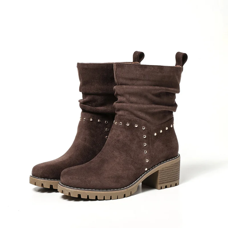 Fashion Western Boots Women's Shoes Trend 2026 High Heel Women's Autumn Boots Rivet Platform Shoes For Woman Anti-Slip Booties