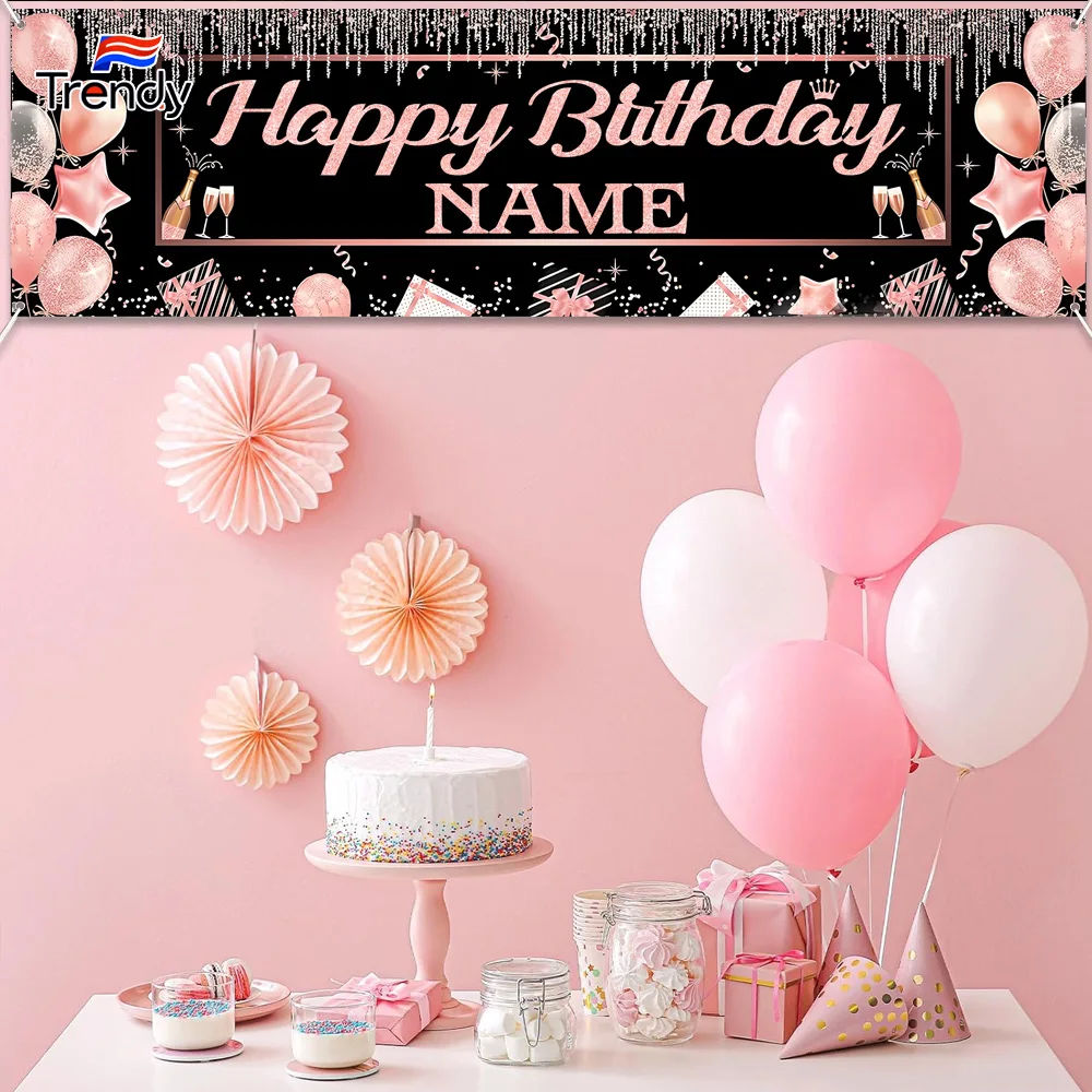 

Personalized Birthday Banner Happy Birthday Party Decor Custom DIY Rose and Gold Black Birthdays Backdrop with Name Background