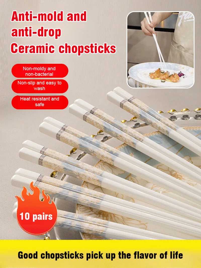 

10 Pairs Reinforced Porcelain Chopsticks - Mildew-resistant, Shatterproof, High-temperature Resistant, Suitable for Home Kitchen