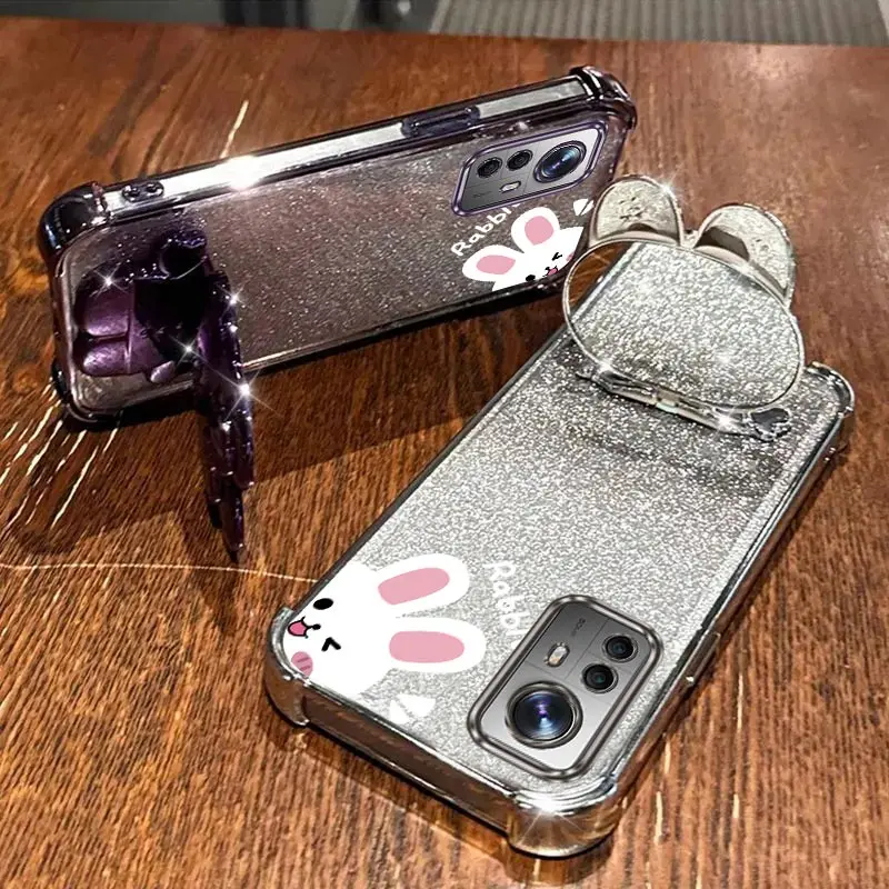 Airbag Glitter Mirror Rabbit Phone Holder Case On For Xiaomi Mi 11 11i 11T 12 12T Pro Lite 4G 5G Anti-knock Stand Back Cover