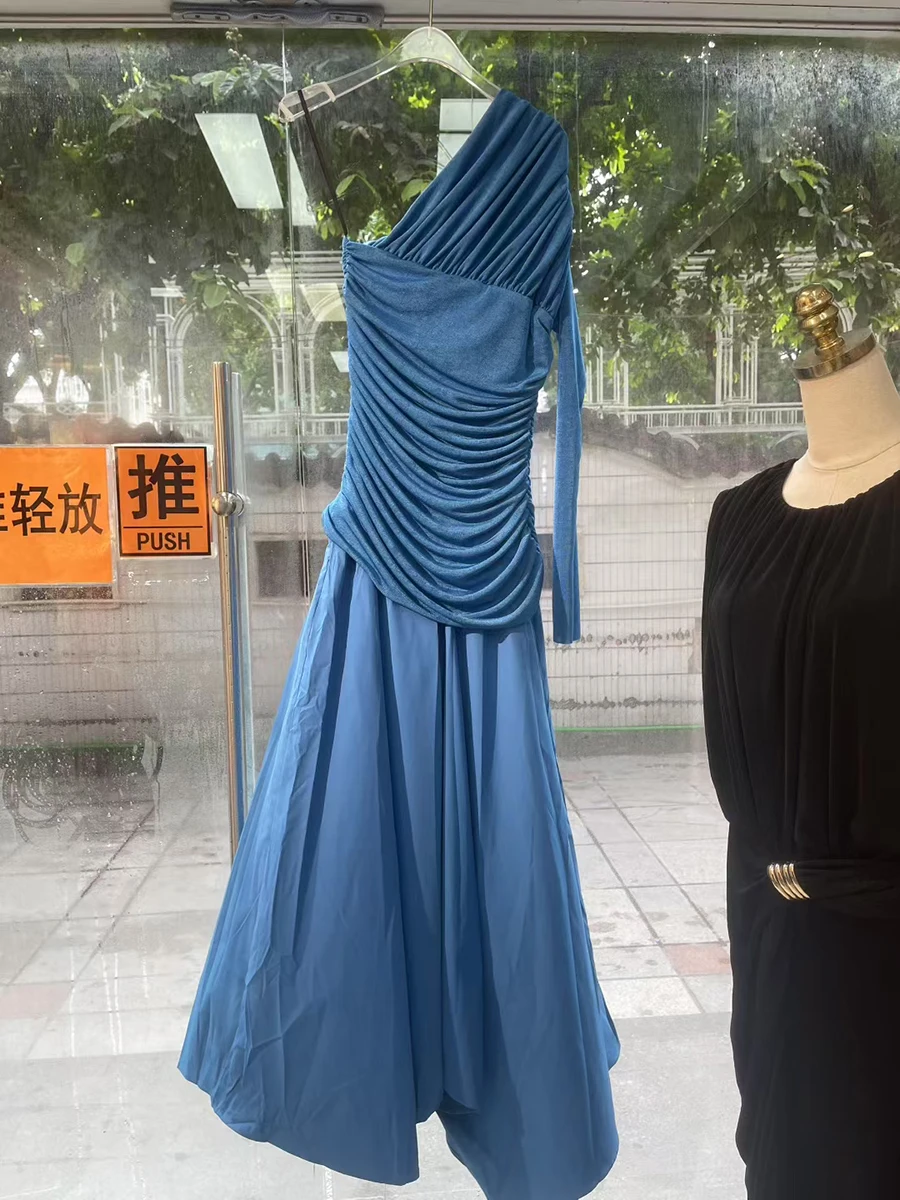 VGH Solide Slim Fit Elegante Abendessen Kleider Für Frauen Diagonal Einzelnen Schulter Hülse Hohe Taille Chic Falten Kleid Weibliche Mode