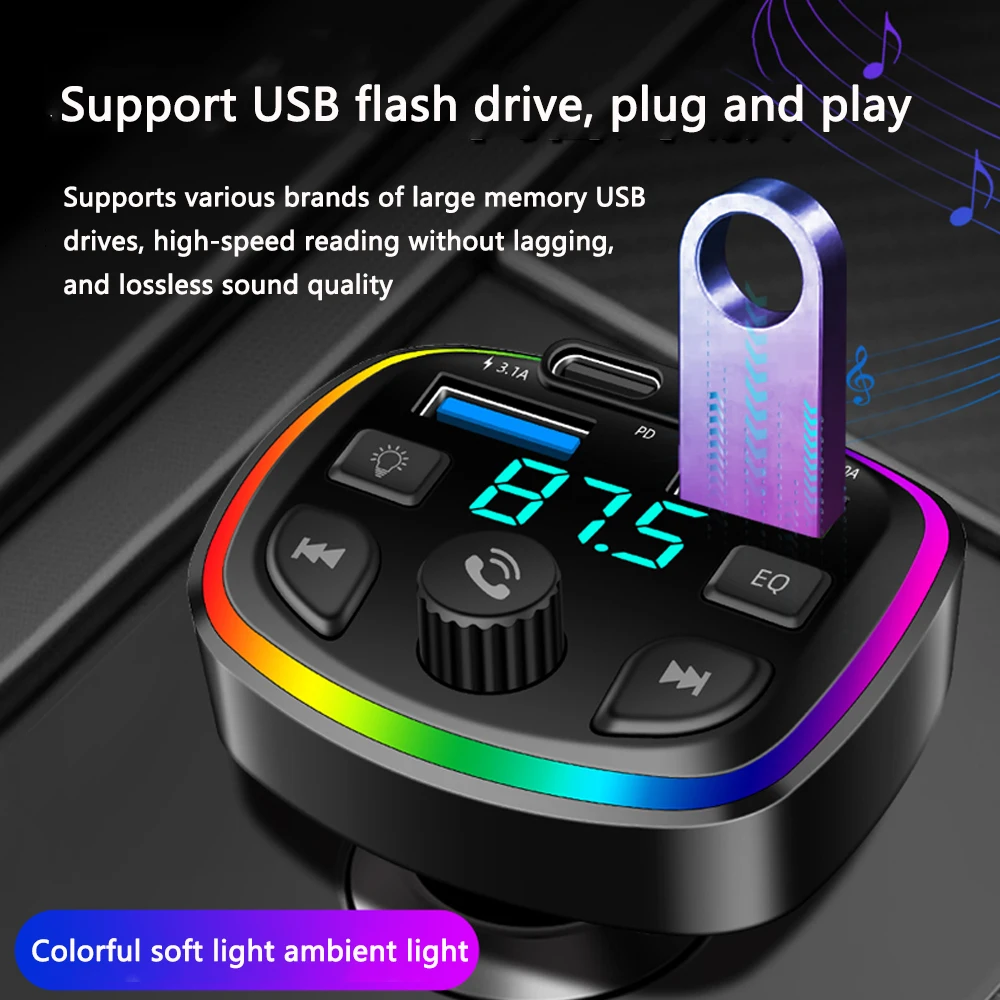 Car Charger Car Bluetooth MP3 FM Transmitter Hands Free 3.1A Dual USB Port PD Charging Auto Cigarette Lighter Car Interior Parts
