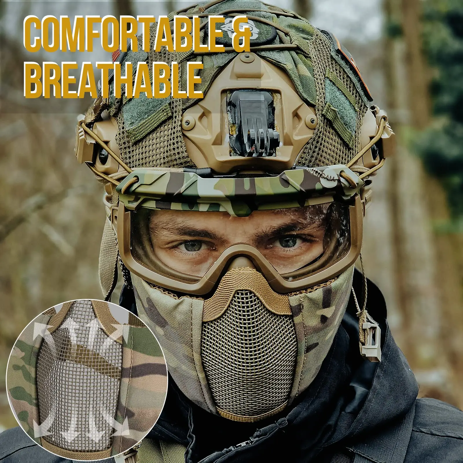 Airsoft Fast Helmet - Full Face Protective Set With Foldable Ear Protection Mask And Goggles for Paintball Shooting Wargame CS